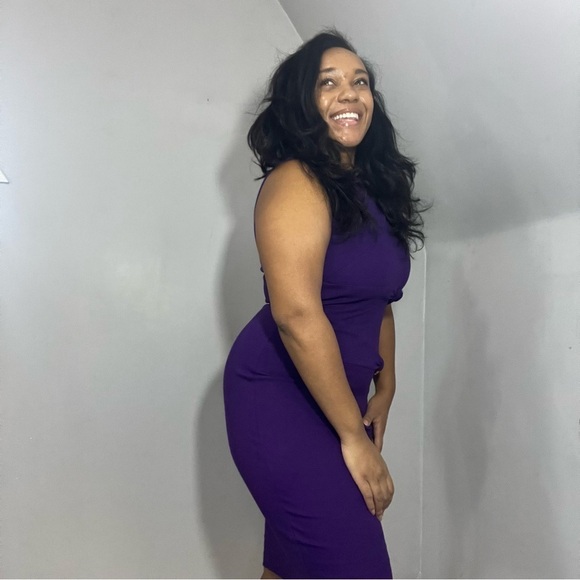 Vintage Cache Purple Ponte Knit Bodycon Dress Gold buckles business casual midi - Picture 4 of 11